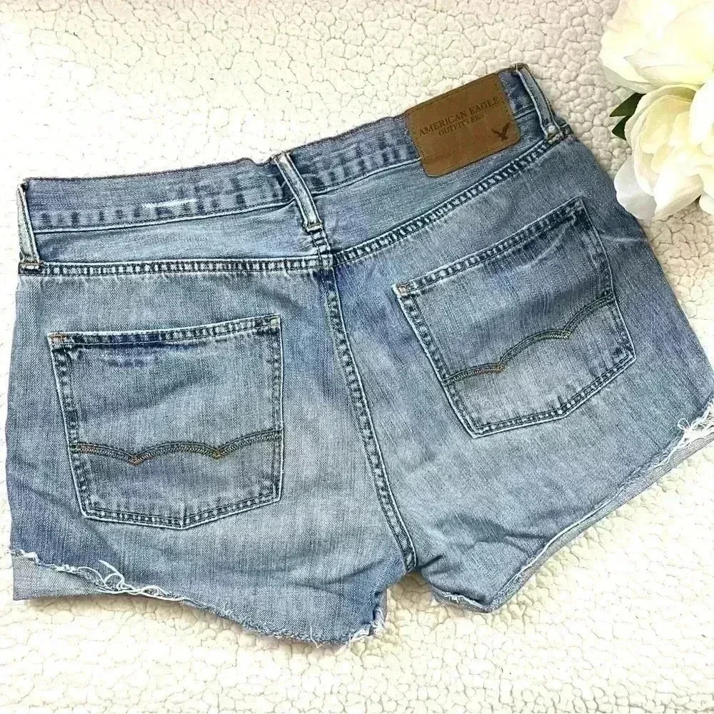 American Eagle Slim Straight Web Cuff Distress Denim Highrise Jean Shorts‎